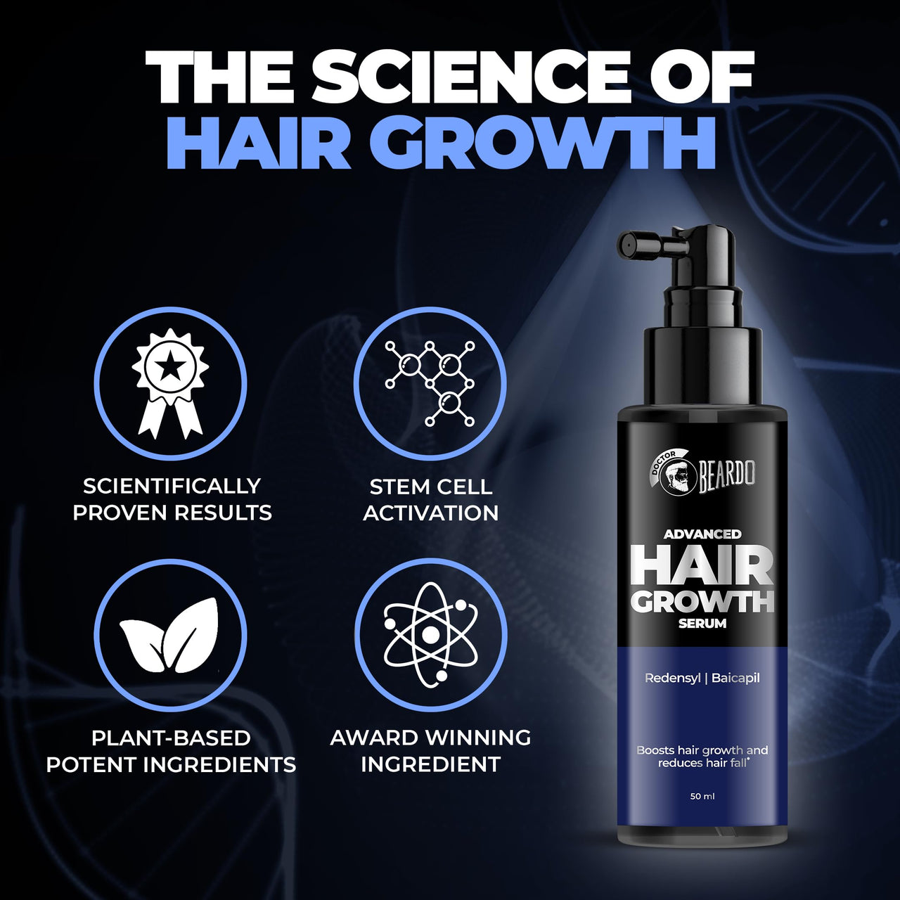 Dr. Beardo Advanced Hair Growth Serum for Men, 50 ml| Contains 3% Redensyl, 3% Baicapil, Rosemary | Stimulates Hair Growth, Increase Hair Density & Thickens Hair | Lightweight and Non-Sticky | Made for Men