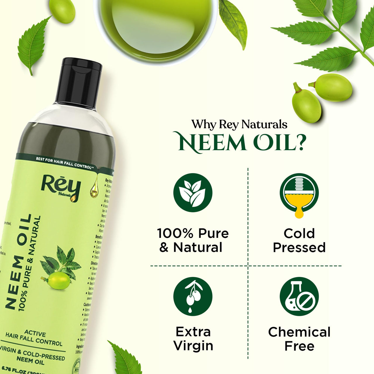 Rey Naturals Cold Pressed Neem Oil For Skin & Hair Growth - 200ml | Pure Neem Oil For Hair Dandruff | Neem Hair Oil For Lice & Nits Removal | Hair Oil Pure For Body Massage & Acne