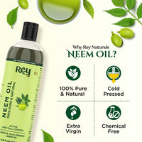 Rey Naturals Cold Pressed Neem Oil For Skin & Hair Growth - 200ml | Pure Neem Oil For Hair Dandruff | Neem Hair Oil For Lice & Nits Removal | Hair Oil Pure For Body Massage & Acne