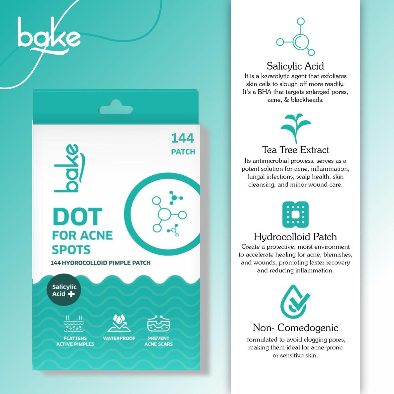 BAKE 2% Salicylic Acid Pimple Patches (144 Dots) for Acne with Hydrocolloid Waterproof Patches | For Red, Pus Filled, Active Acne | For All Skin Types