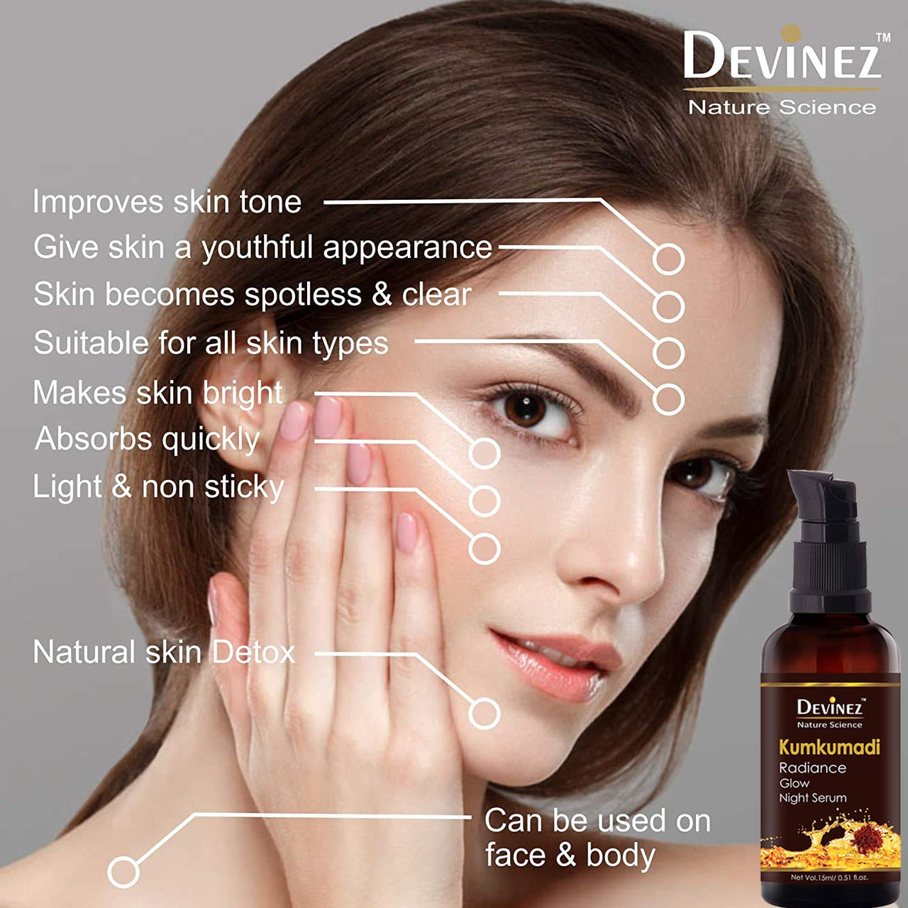 Devinez Ayurvedic Kumkumadi Radiance Glow Night Serum - 15ml, 100% Natural for Face Brightening, Anti Ageing, fight under eye dark circles, Kumkumadi Tailam