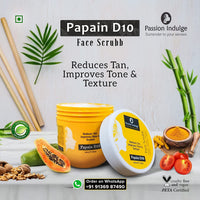 Passion Indulge Natural Papain D10 Face Scrub 200gm & Rose Water For Makeup Remover 200ml Combo Pack For Reduces Tan | Improves Tone & Texture | Remove Dead Skin Cells | All Skin Types With Papaya & Turmeric | Vegan