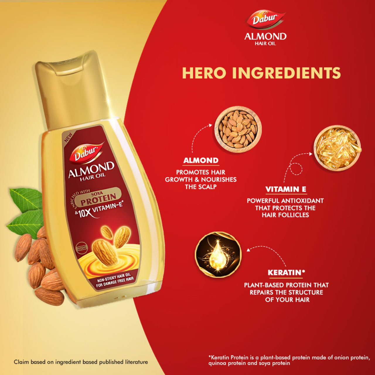 Dabur Almond Hair Oil - 500ml | Provides Damage Protection | Non Sticky Formula | For Soft & Shiny Hair | With Almonds, Keratin Protein, Soya Protein & 10X Vitamin E