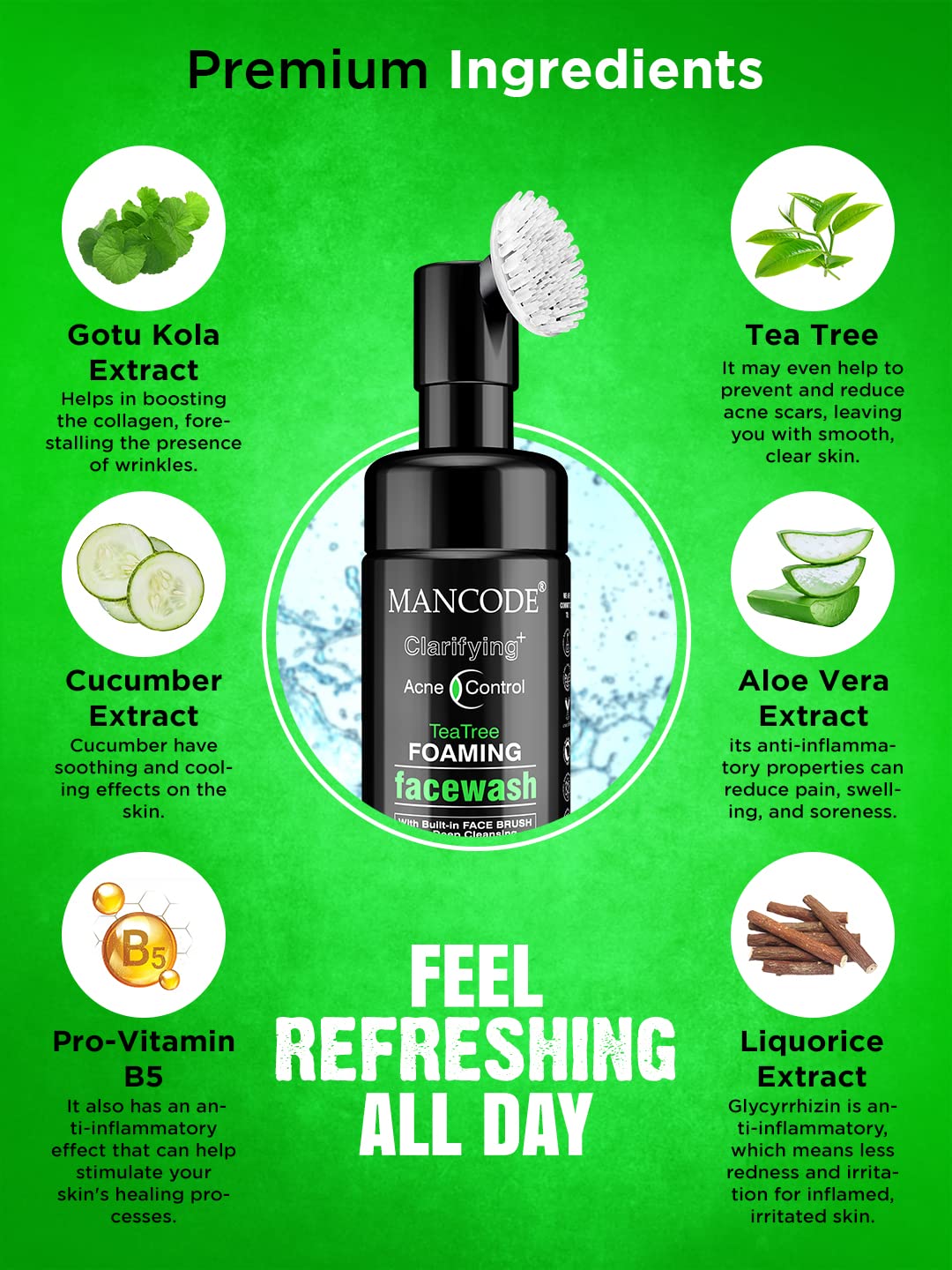Mancode Acne Control Tea Tree Foaming Facial Wash | with Built in Brush Face Wash For Men Deep Cleansing Face | For Oily & Dry Skin | Anti Acne | Gentle Clear Skin | No Paraben Sulphate Silicone 150ml