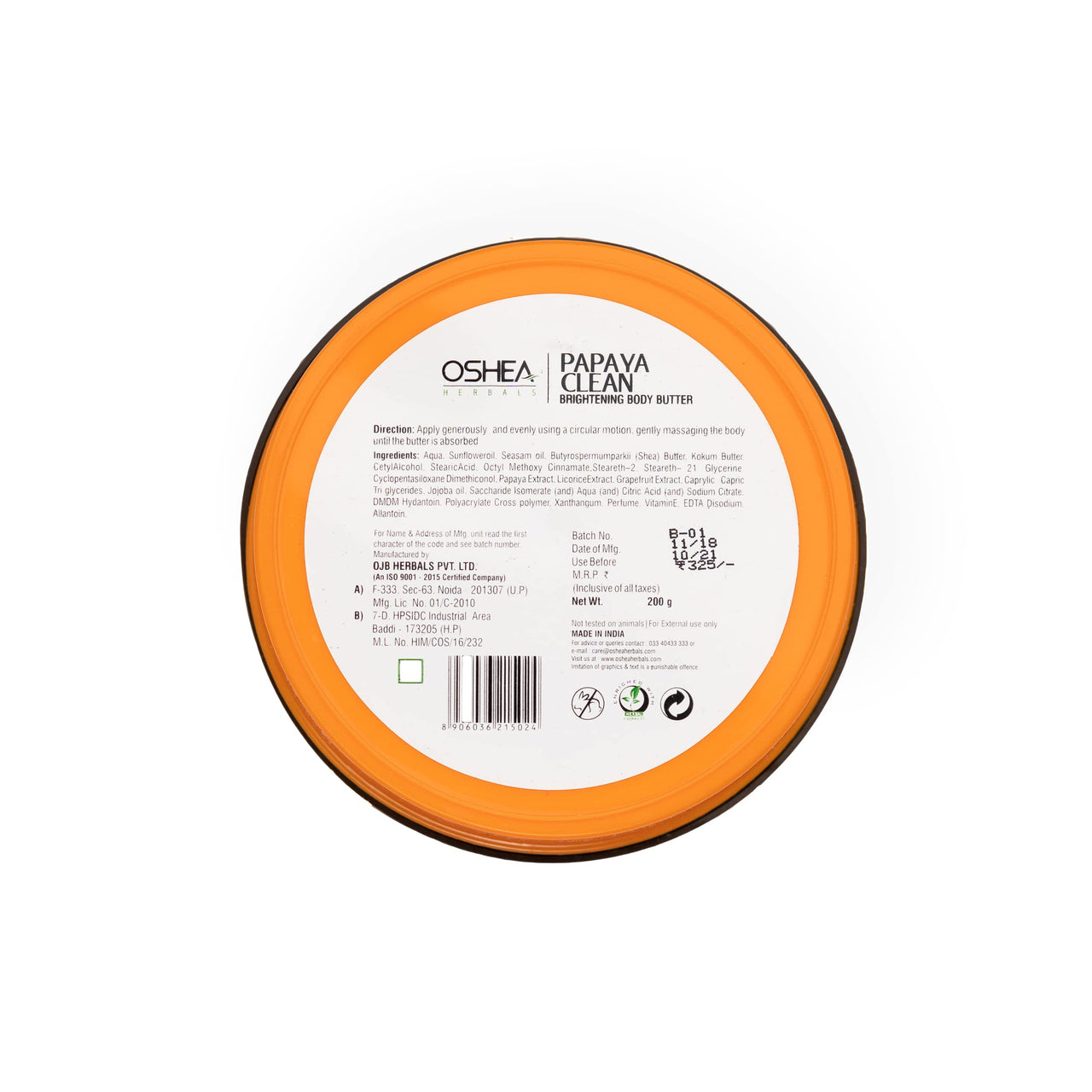 Oshea Herbals PapayaClean Brightening Body Butter for Normal Skin Type SPF 15 with 24+ Hrs Hydration & Moisturizing Enriched with Papaya Extract, Shea Butter, Kokum Butter & Vitamin E