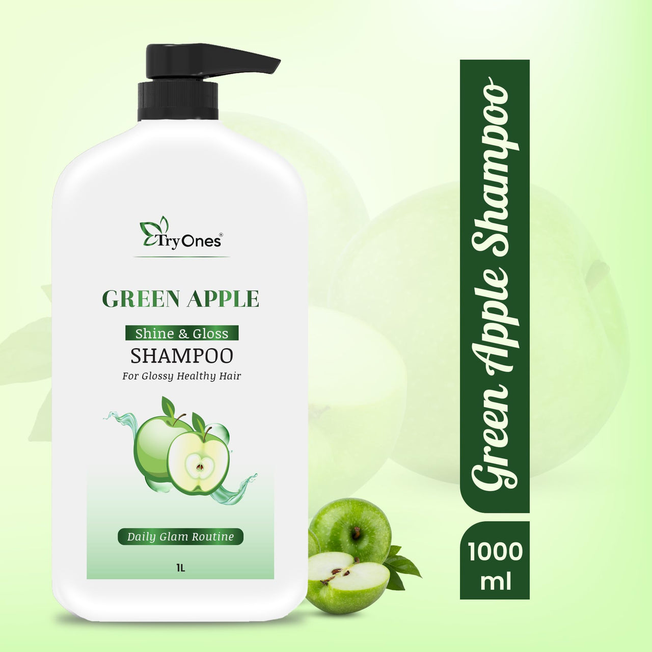 TryOnes Green Apple Shine & Gloss Shampoo| Promotes Healthy, Shiny and Glossy Hair | Nourishes Scalp | Makes Hair Soft & Smooth |All Skin Types | 1000ml