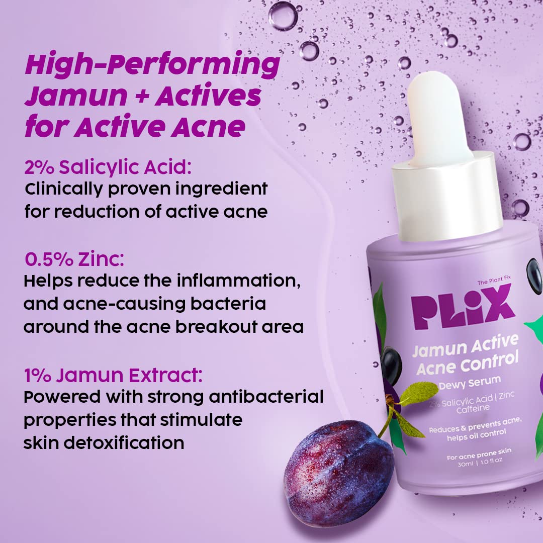 The Plant Fix Plix 2% Salicylic Acid Jamun Active Acne Control Dewy Serum 30 ml for Active Acne & Dark Spot Reduction with Caffeine for Breakout Control (Pack of 1)