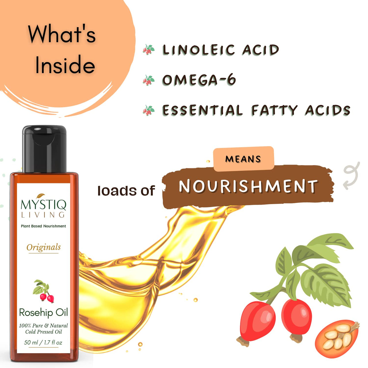 Mystiq Living Rosehip Oil for Skin and Face - 50 ML | Face Oil for Gua Sha Massage, Glowing Skin, Pure Rosehip Seed Oil Anti Aging, Fine Lines, Acne Scars, Under Eye, Anti Pigmentation | 100% Pure & Natural, Cold Pressed