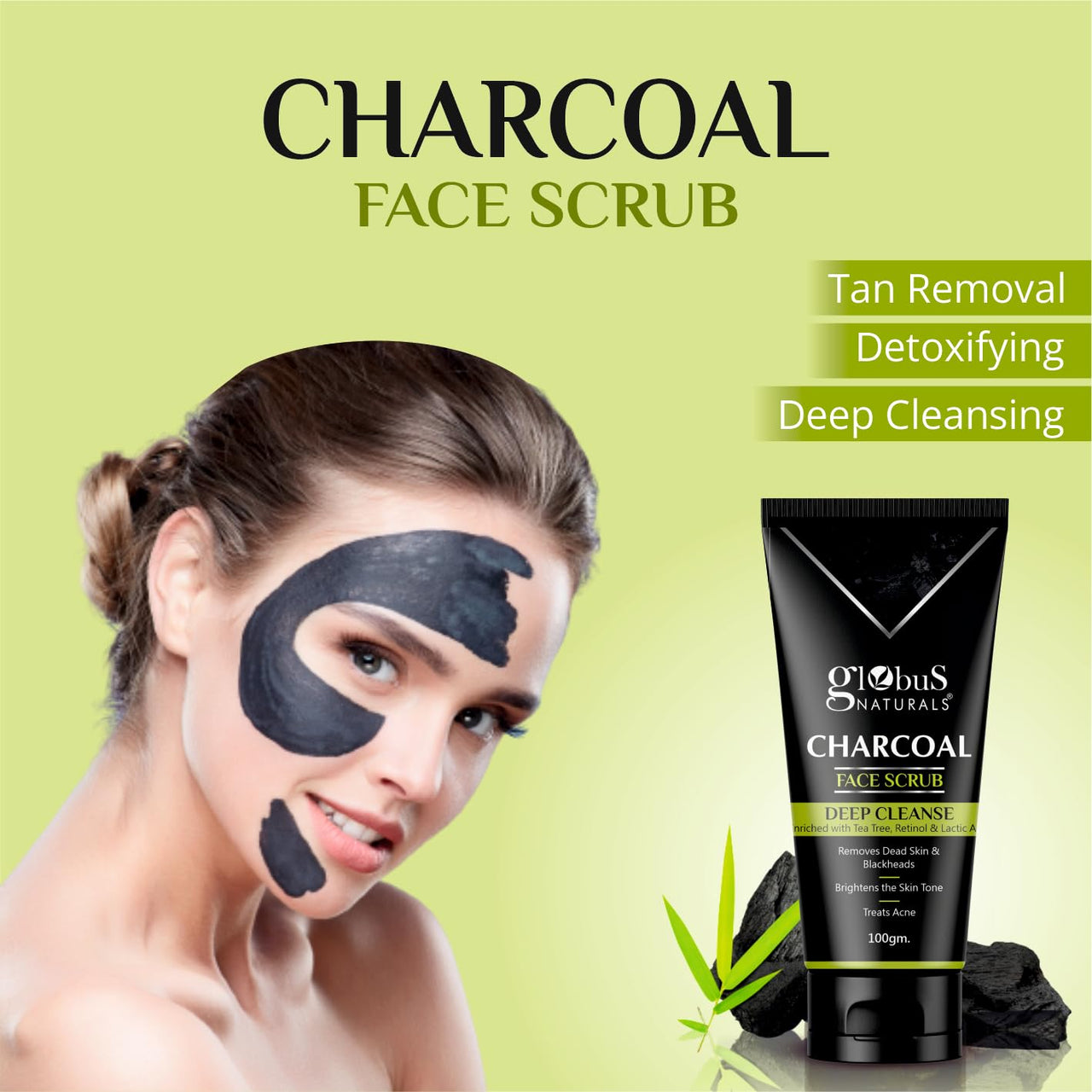 Globus Naturals Charcoal Face Scrub Enriched with Tea Tree, Retinol & Lactic Acid for Exfoliation, Acne & Blackhead Removal, 100 gm