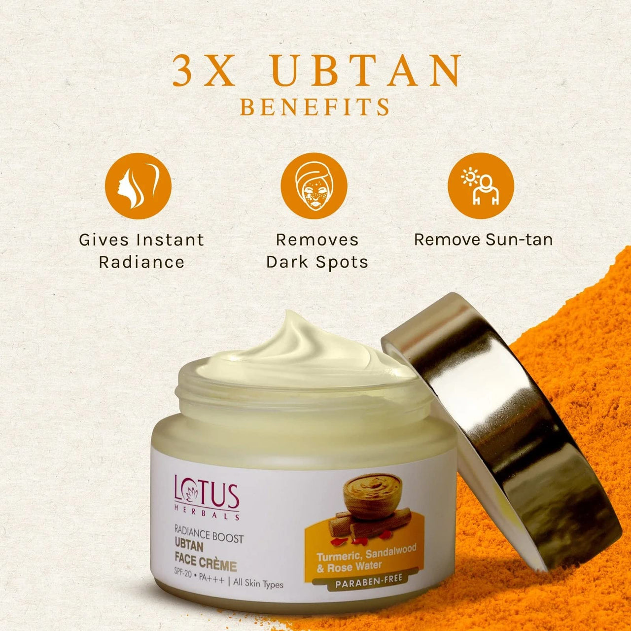 Lotus Herbals Radiance Boost Ubtan Face Cream SPF 20 50gm And Radiance Boost Ubtan Face Wash 100gm | (Pack of 2) Turmeric, Sandalwood and Rose Water| Glowing Skin|Reducing Dark Spots