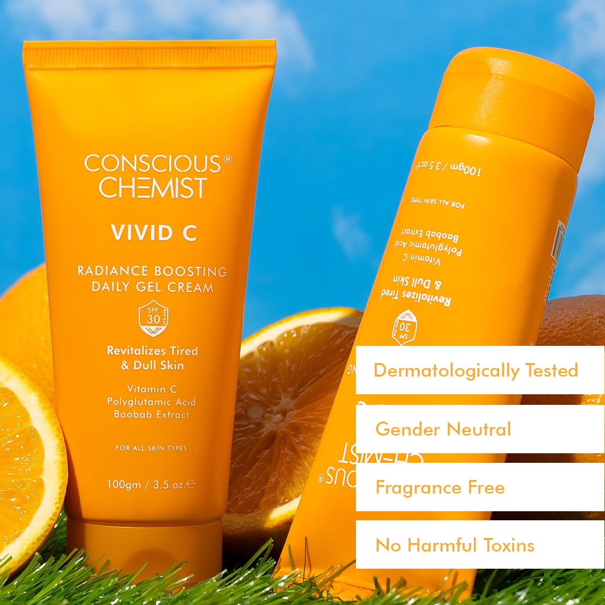 Conscious Chemist® Vitamin C Cream with SPF30 PA+++ | 100g | Vitamin C Brightening Moisturizer, Face Cream for Men & Women, Daily Gel with Polyglutamic Acid for Healthy & Bright Skin, All Skin Types - Vivid C