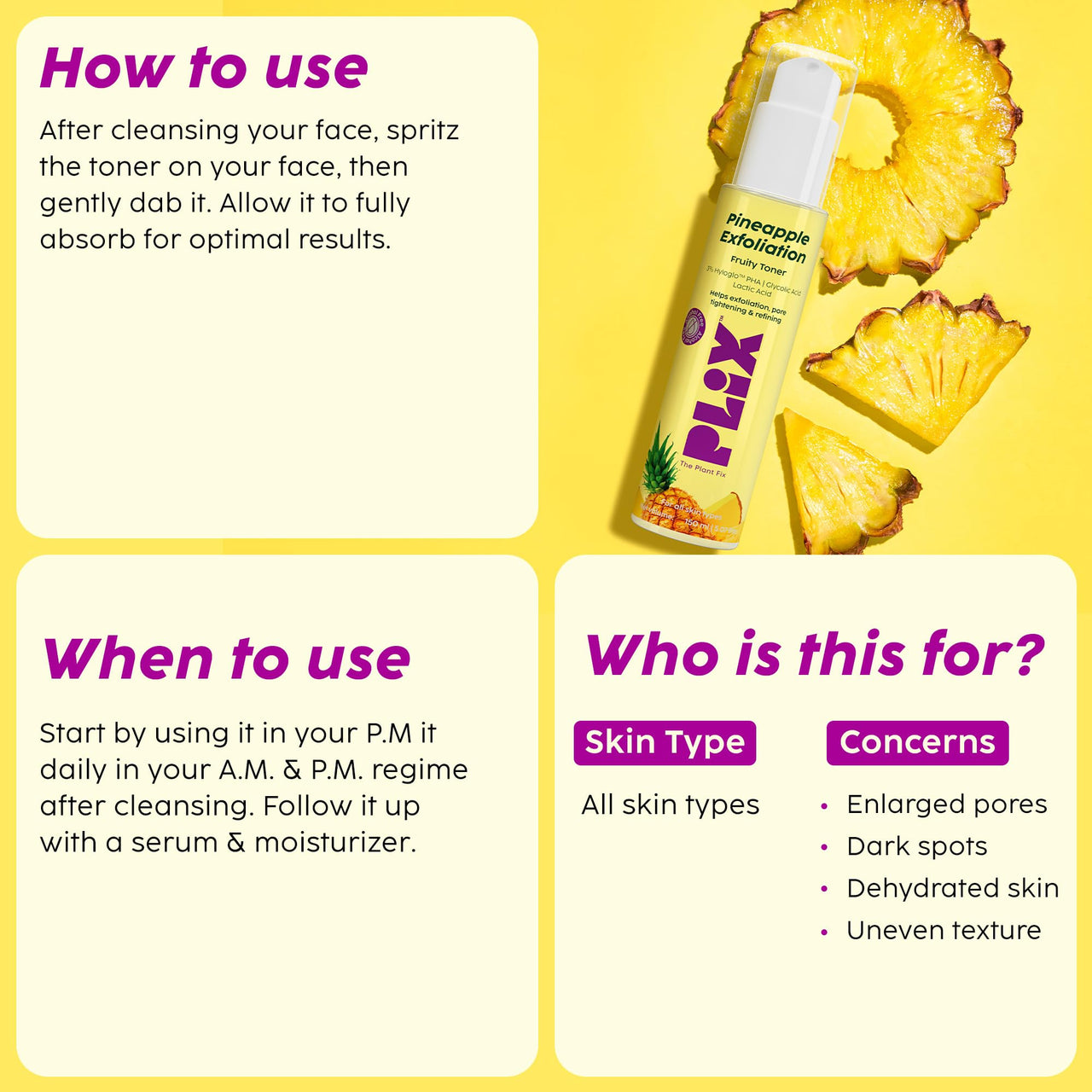 PLIX - THE PLANT FIX Pineapple PHA 3% Alcohol Free Face Toner (150ml) | Pore Tightening & Mild Exfoliation for Oily, Acne Prone, Sensitive & Normal Skin | Hydrating Face Toner for Glowing Skin