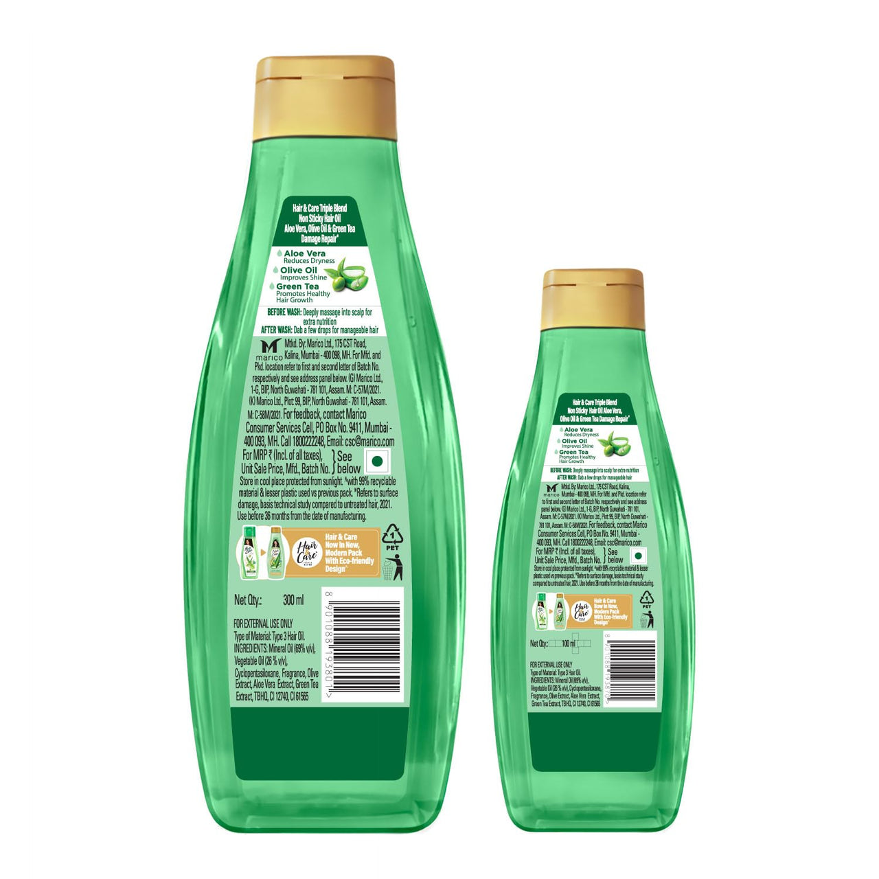 Hair & Care Triple Blend Damage Repair Non-Sticky Hair Oil with Aloe Vera, Olive Oil & Green Tea, 300 ml + 100 ml