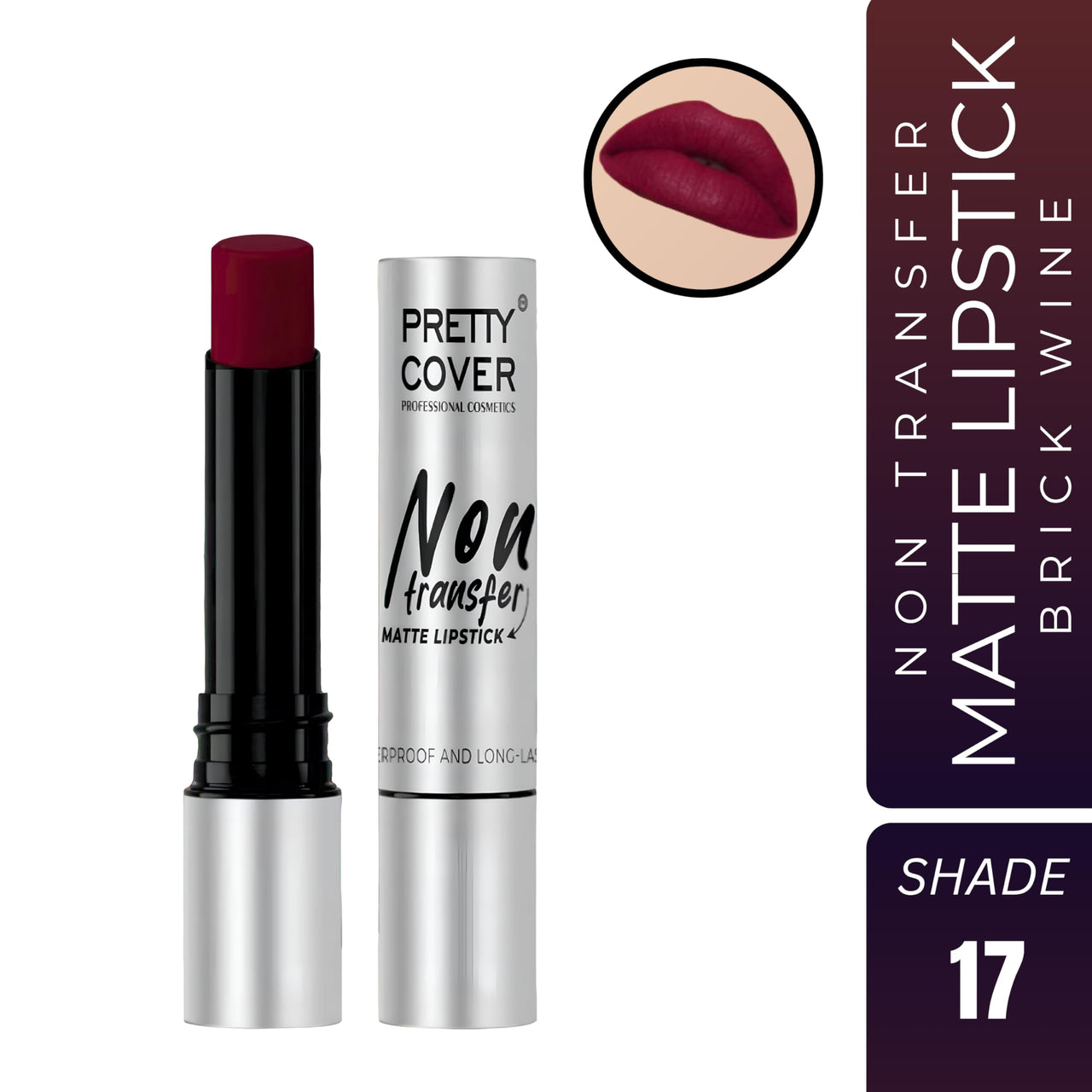 PRETTY COVER Non-Transfer Matte Lipstick | Long-Lasting, Smudge-Proof & Waterproof | Intense Color Payoff with Lightweight Formula for All-Day Wear (BRICK WINE)