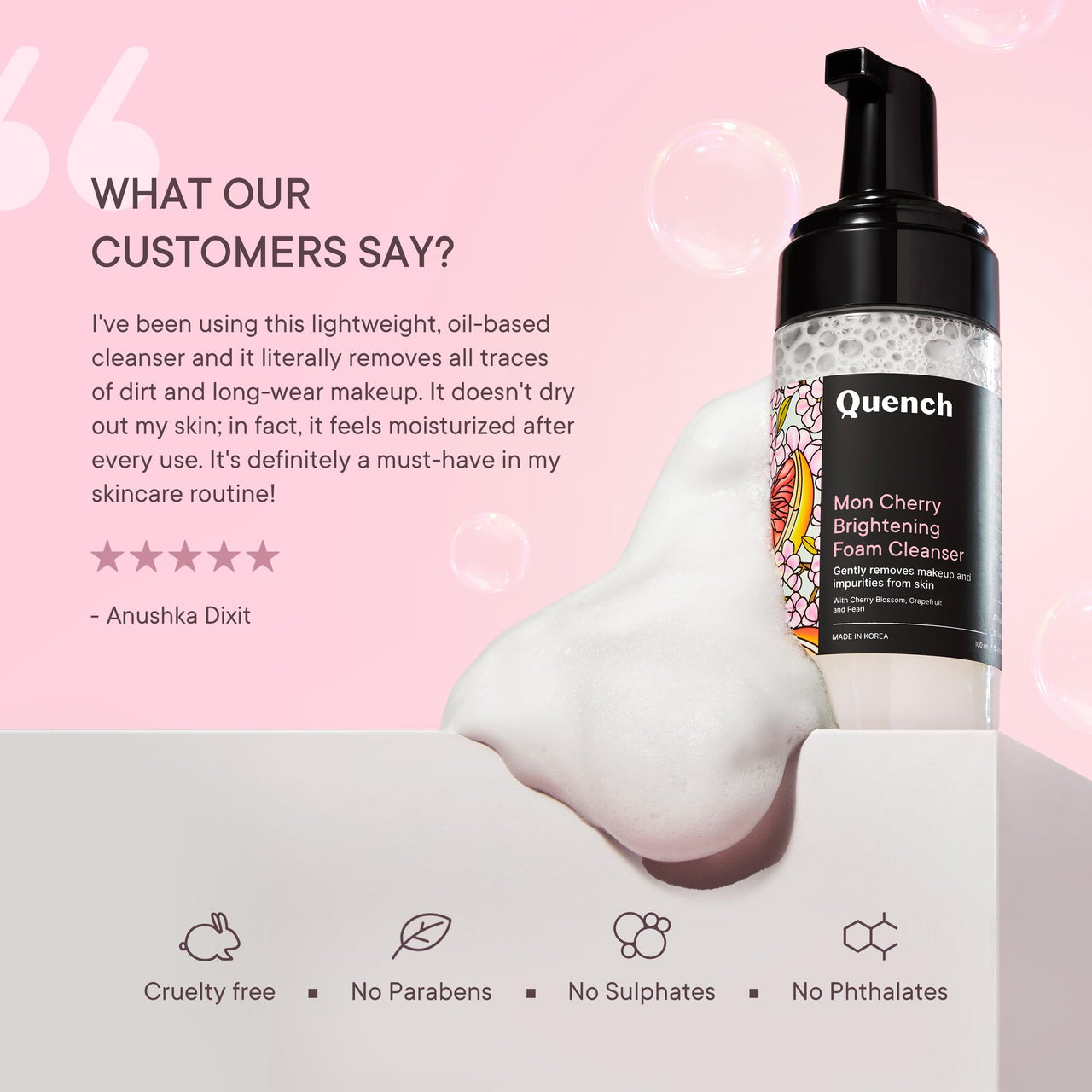 Quench Brightening Foam Cleanser with Cherry Blossom Radiance | Korean Face Wash for Glowing Skin | Removes Makeup, Dirt & Impurities | Brightens Dull Skin | Made in Korea (100ml)