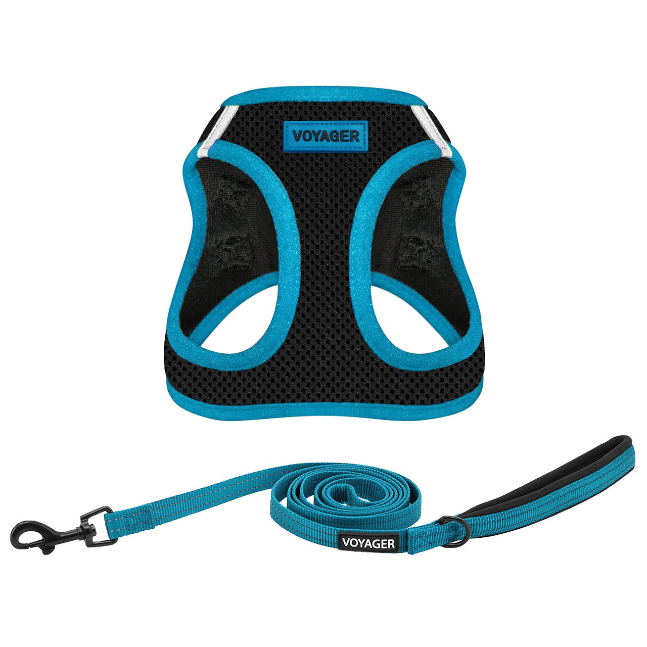 Voyager Step-in Air All Weather Mesh Harness and Reflective Dog 5 ft Leash Combo with Neoprene Handle, for Small, Medium and Large Breed Puppies by Best Pet Supplies - Black/Blue Trim, Large Harness Leash Bundle (Blue Trim) L (Chest: 18 - 20.5")