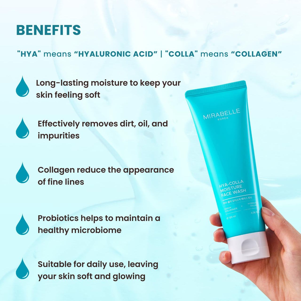 Mirabelle Korea Hya - Colla Moisture Face Wash 120ml | Hydrating Cleanser with Hyaluronic Acid & Collagen | Deep Pore Cleanser for Glowing, Plump Skin | Suitable for All Skin Types | Korean Skincare for Men & Women