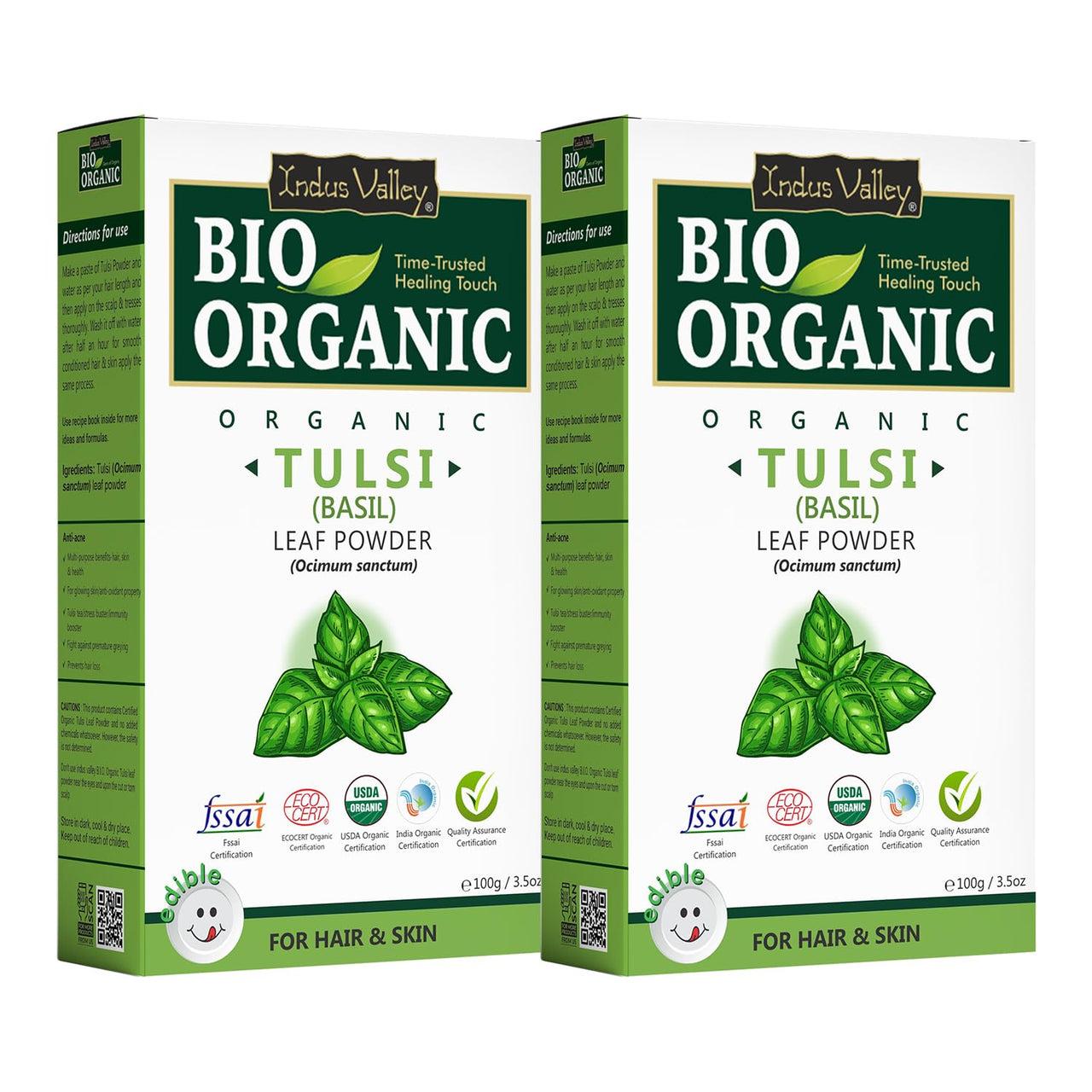 INDUS VALLEY Tulsi Powder 100% Organic and Natural for Skin and Hair Care set of 2 (100g)