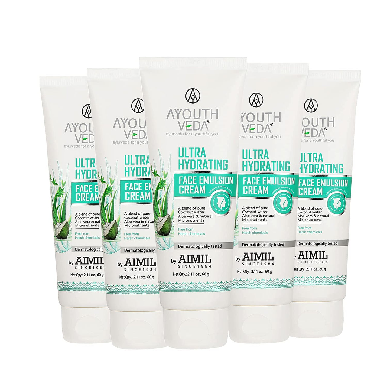 Ayouthveda Ultra Hydrating Face Emulsion Cream 60 Gm With Aloe Vera & Coconut Water | Best hydrating Face Cream for Women and Men | Prevents Dark spots, Blackheads and Blemishes | All SKin Types (Pack of 5; 60G each)