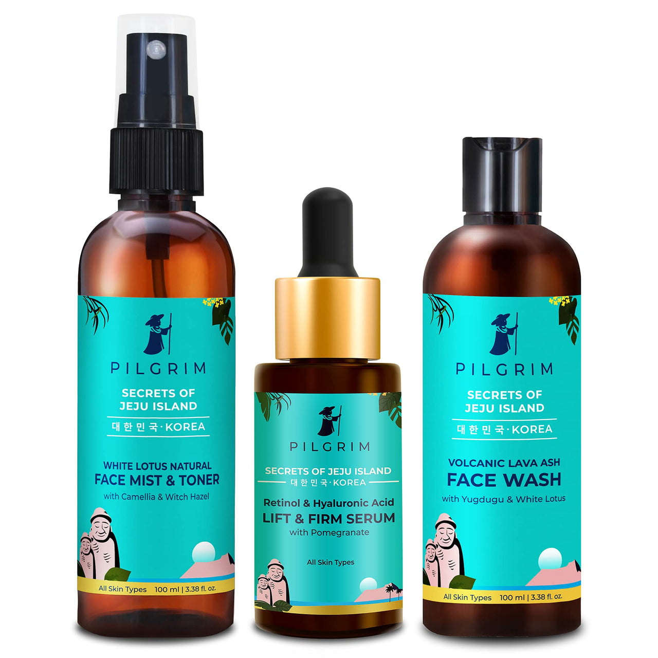 Pilgrim Day Hydration Routine for Skin Tightening & Brightening | Volcanic Lava Face Cleanser 100ml, Retinol & Hyaluronic Acid 1% Face Serum 30ml | All Skin Types | For Men & Women