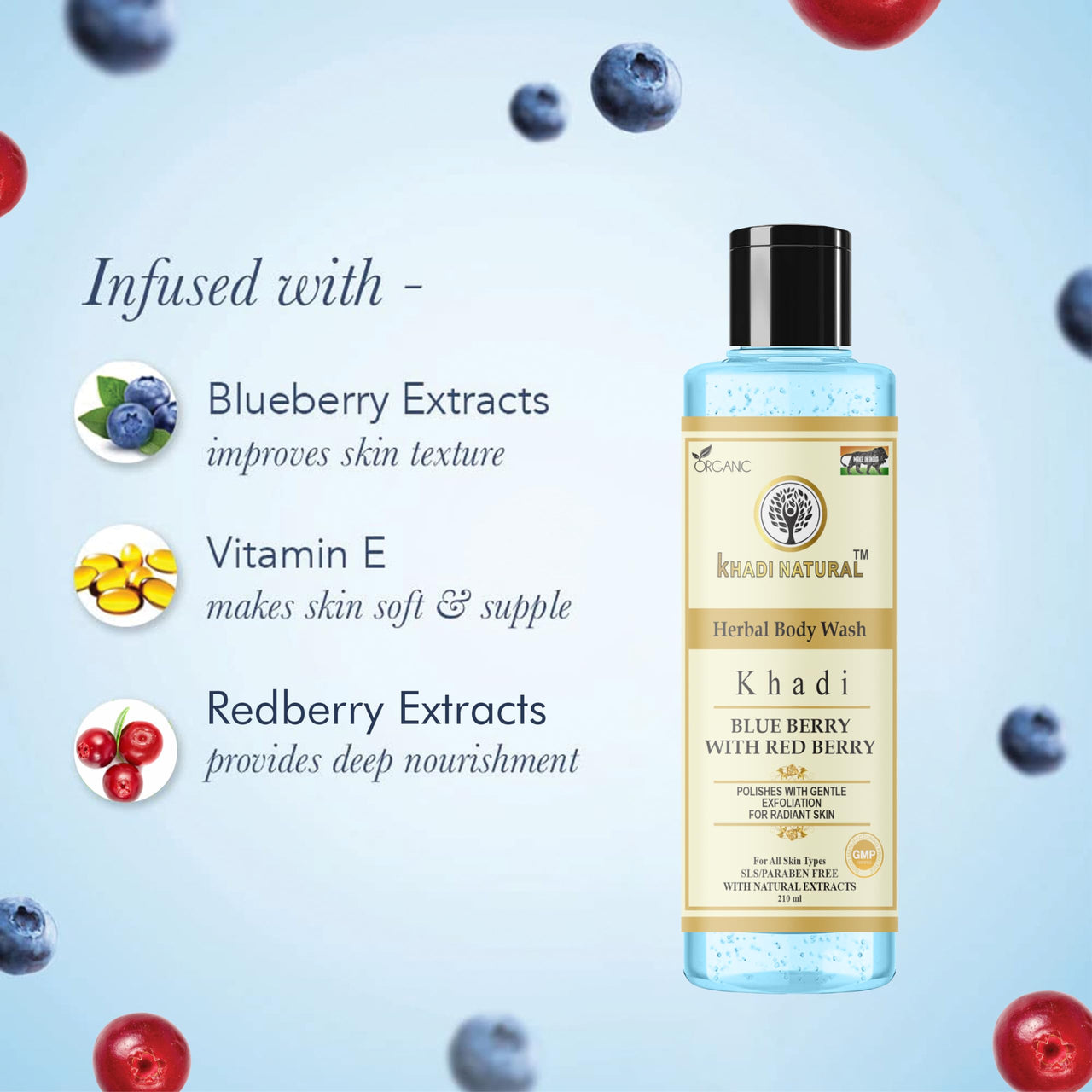 Khadi Herbal Blue Berry Red Berries Body Wash, 210 ml