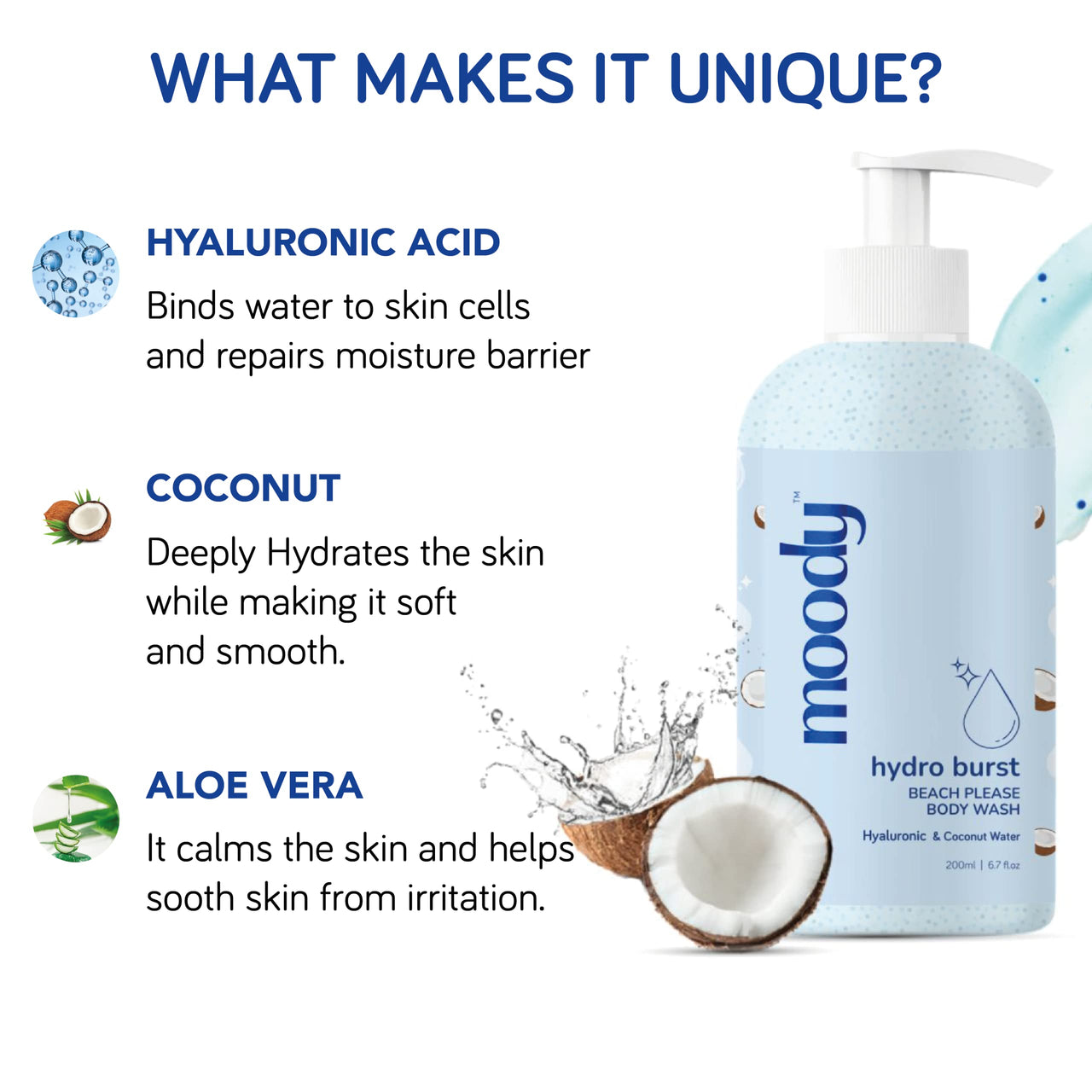Moody 7D Hydro Burst with Hyaluronic Acid Body Wash | Refreshes, Deep Cleanses Skin & Provides Intense Hydration to Skin | Gentle and for All Skin Types | Softer, Smoother Skin 200ml