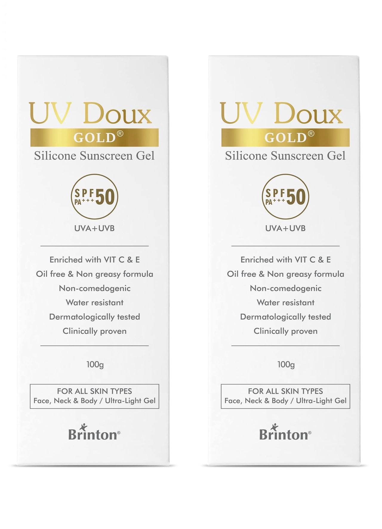 Brinton UV Doux Gold Silicone Sunscreen Gel SPF 50 PA+++ With Vitamin C & E | UVA/UVB Protection | Non-Greasy, Water Resistant | For All Skin Types, 100 gm (Pack of 2)