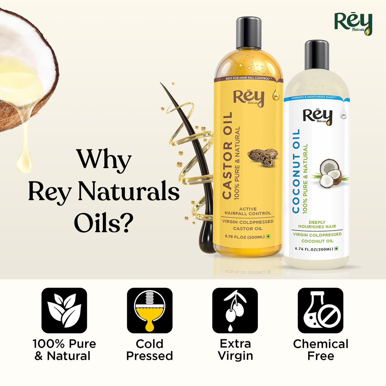 Rey Naturals Cold Pressed Castor Oil & Virgin Coconut Oil For Hair Growth - 200ml×2 | Coconut Oil For Skin Care | Castor Oil For Skin, Eyelashes & Eyebrows | Non Comedogenic Hair Oil For Hair Growth
