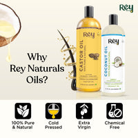 Rey Naturals Cold Pressed Castor Oil & Virgin Coconut Oil For Hair Growth - 200ml×2 | Coconut Oil For Skin Care | Castor Oil For Skin, Eyelashes & Eyebrows | Non Comedogenic Hair Oil For Hair Growth