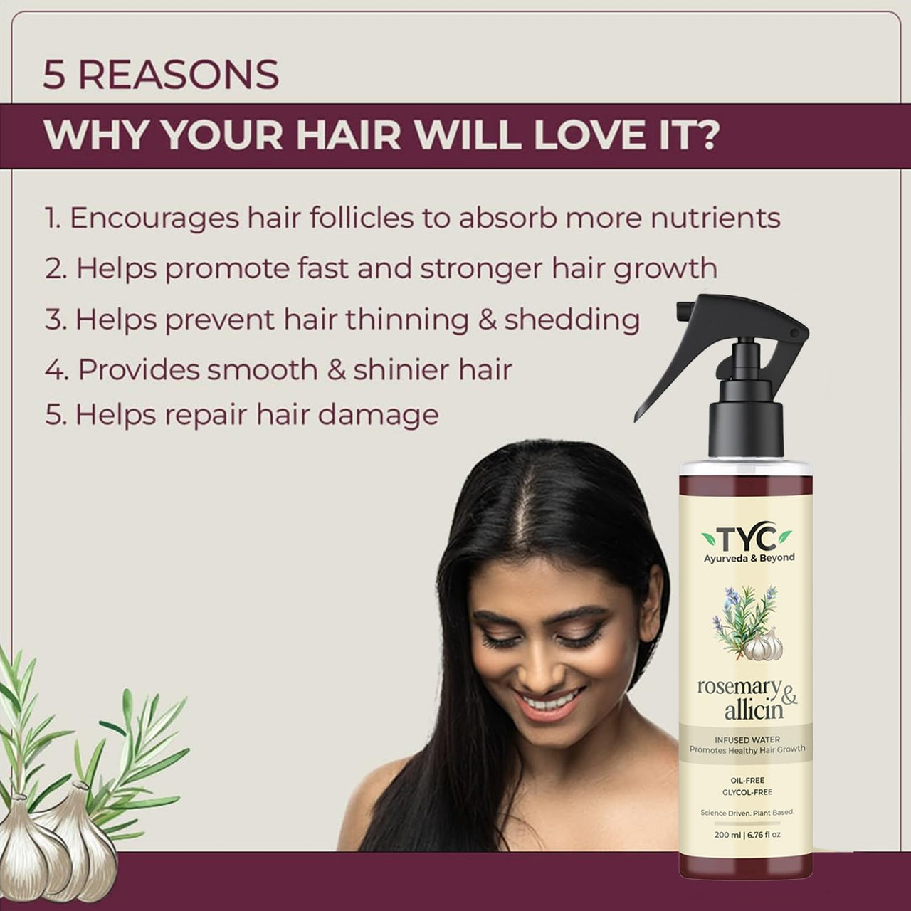 TYC Trust Your Choice Rosemary & Allicin Water Hair Spray for Hair Fall Control, Hair Growth, Scalp Health, Natural Anti-Hair Loss Treatment, 200ml