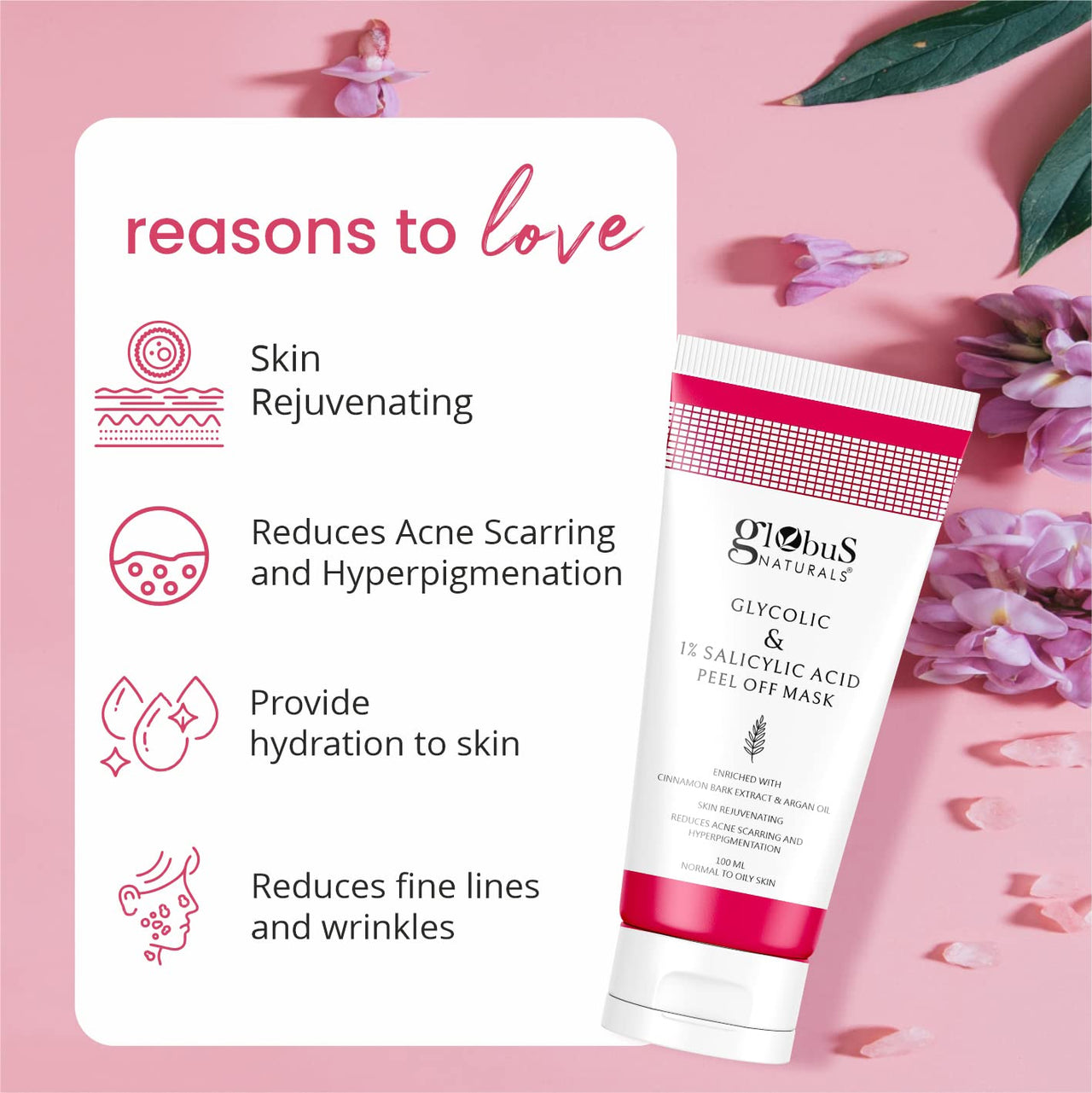 Globus Naturals Glycolic & 1% Salicylic Acid Anti Acne Peel Off Mask, For Oily & Acne Prone Skin,100 gms (Pack of 1)