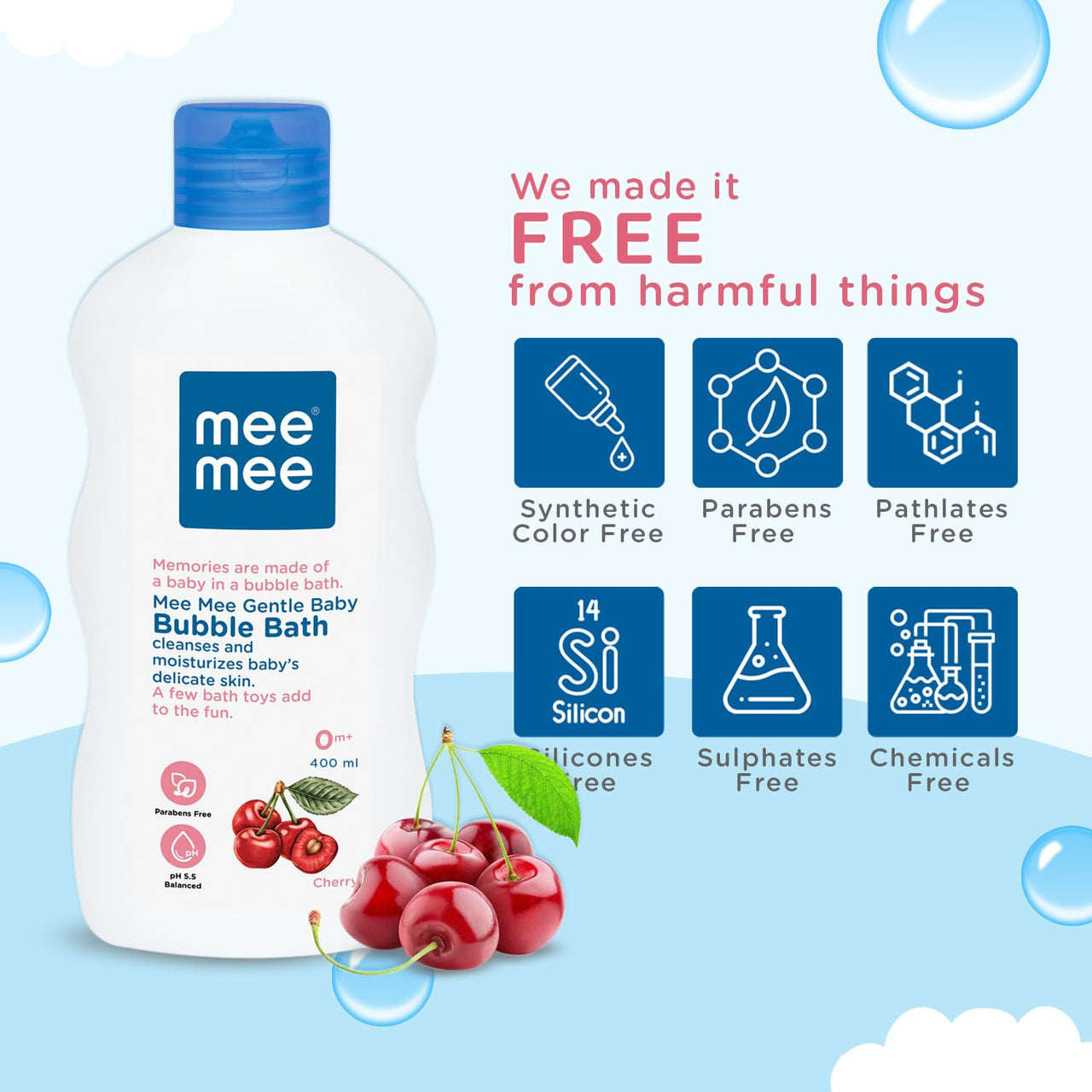 Mee Mee Baby Body Wash 400ml (Pack of 1) With Cherry & Fruit Extracts | Tear-Free Formula | Moisturizes and Soothes Skin | No Parabens | Infant Friendly Natural Head to Toe Baby Mild Bubble Bath Dermatologically Tested | pH balanced | All skin types