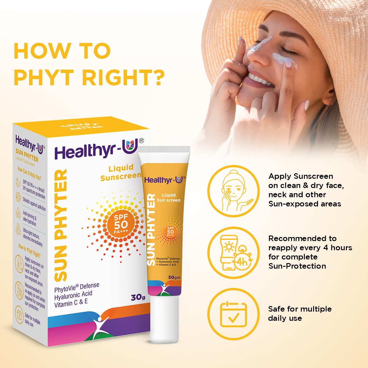 Healthyr-U Sun Phyter Liquid Sunscreen | Broad Spectrum UV Protection with SPF 50 PA+++ | Pollution Protection With Phytovie® Defense | With Vitamin C, Vitamin E & Hyaluronic Acid | Lightweight, No White Cast | For All Skin Types | For Women & Men | 30g