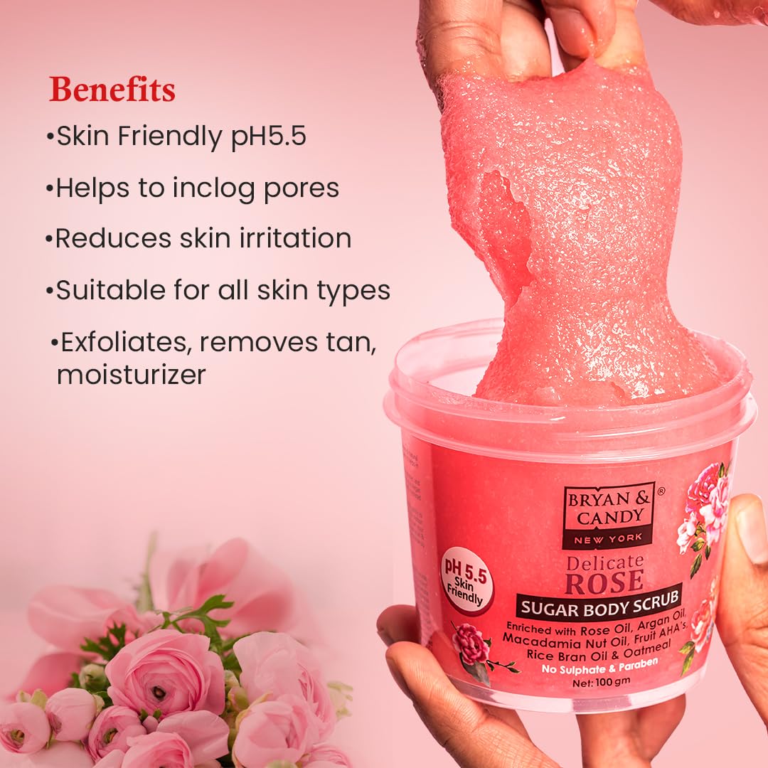 Bryan & Candy Sugar Body Scrub PH 5.5 For Tan Removal & Exfoliation | For Women & Men | 250g (Delicate Rose)