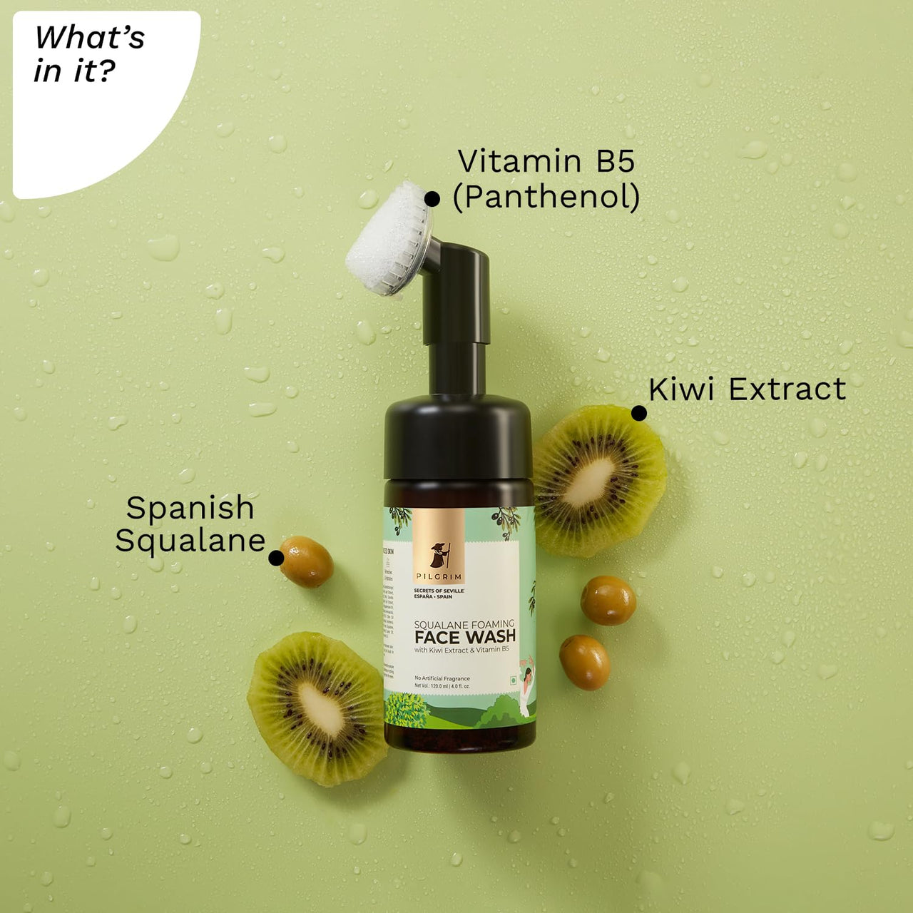 Pilgrim Spanish Squalane foaming face wash with Kiwi extracts & Aloe for skin hydration|Face wash with brush|Non drying cleanser for face | Face wash for dry & combination skin|For Men & Women | 120ml