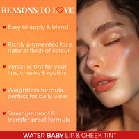 Just Herbs Water Baby Smudge & Transfer Proof | 12hrs Stay | Richly Pigmented Infused with Aloe Vera Multipurpose Water Tint for Lips, Cheeks and Eyelids for Women 6.5ml (Peach Please)
