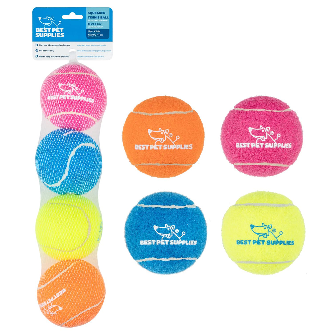 Best Pet Supplies Squeaky Tennis Balls for Dogs, 4-Pack, Heavy-Duty Interactive Pet Toys for Throwing and Fetching, Supports Exercise and Natural Behavior Training, Durable - Large
