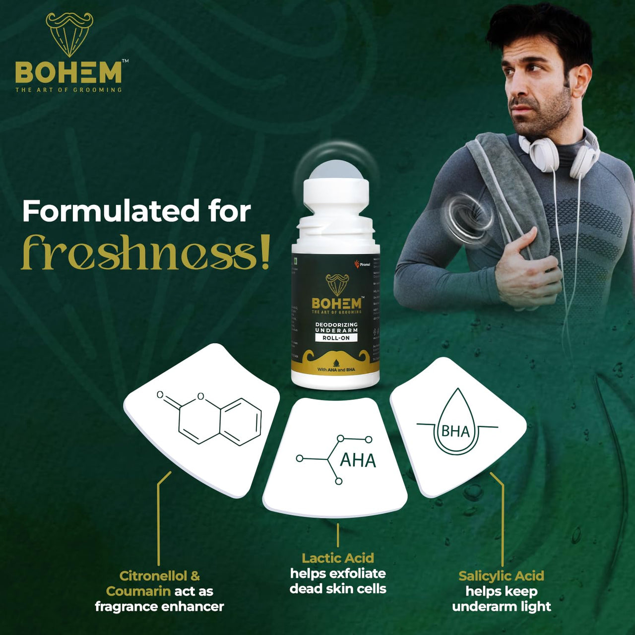 BOHEM Deodorant Underarm Roll-On with AHA & BHA-50ml each - Pack of 2 | Anti perspirant Roll On With Lactic Acid & Salicylic Acid | Long lasting freshness, exfoliate & brightens underarm | Dermatologically tested | No SLS