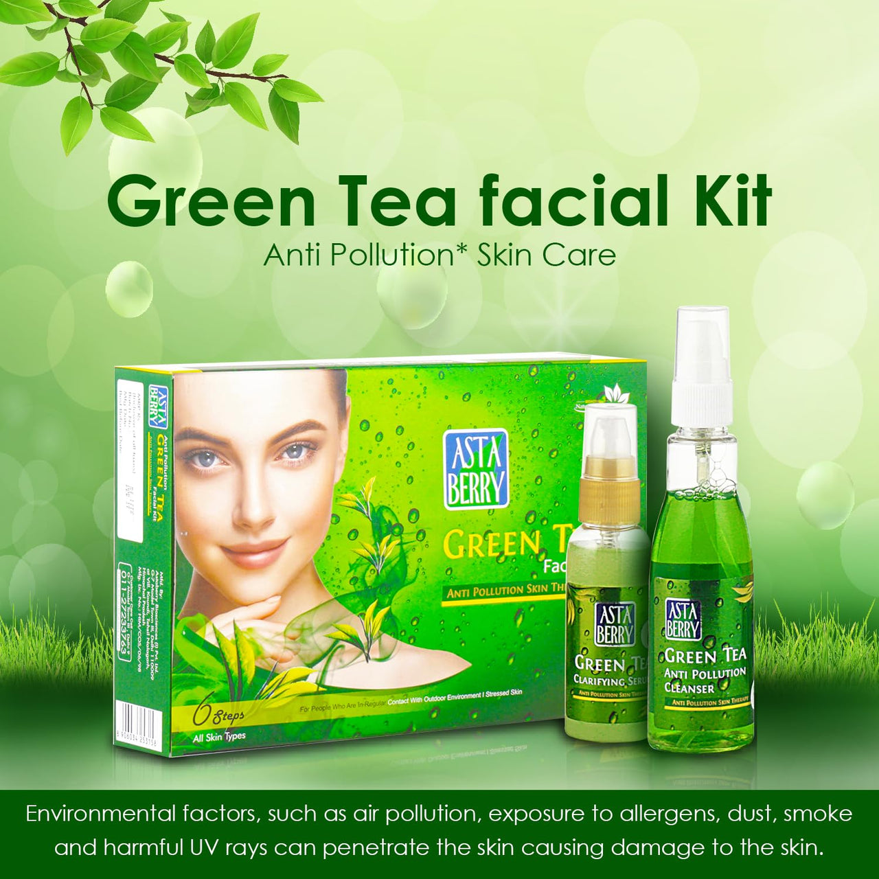 Astaberry Green Tea Facial Kit 6 Steps For All Skin Types - Anti Pollution Skin Care | Skin elasticity | Fights skin damage & Relaxing and Soothing | With Neem & Olive