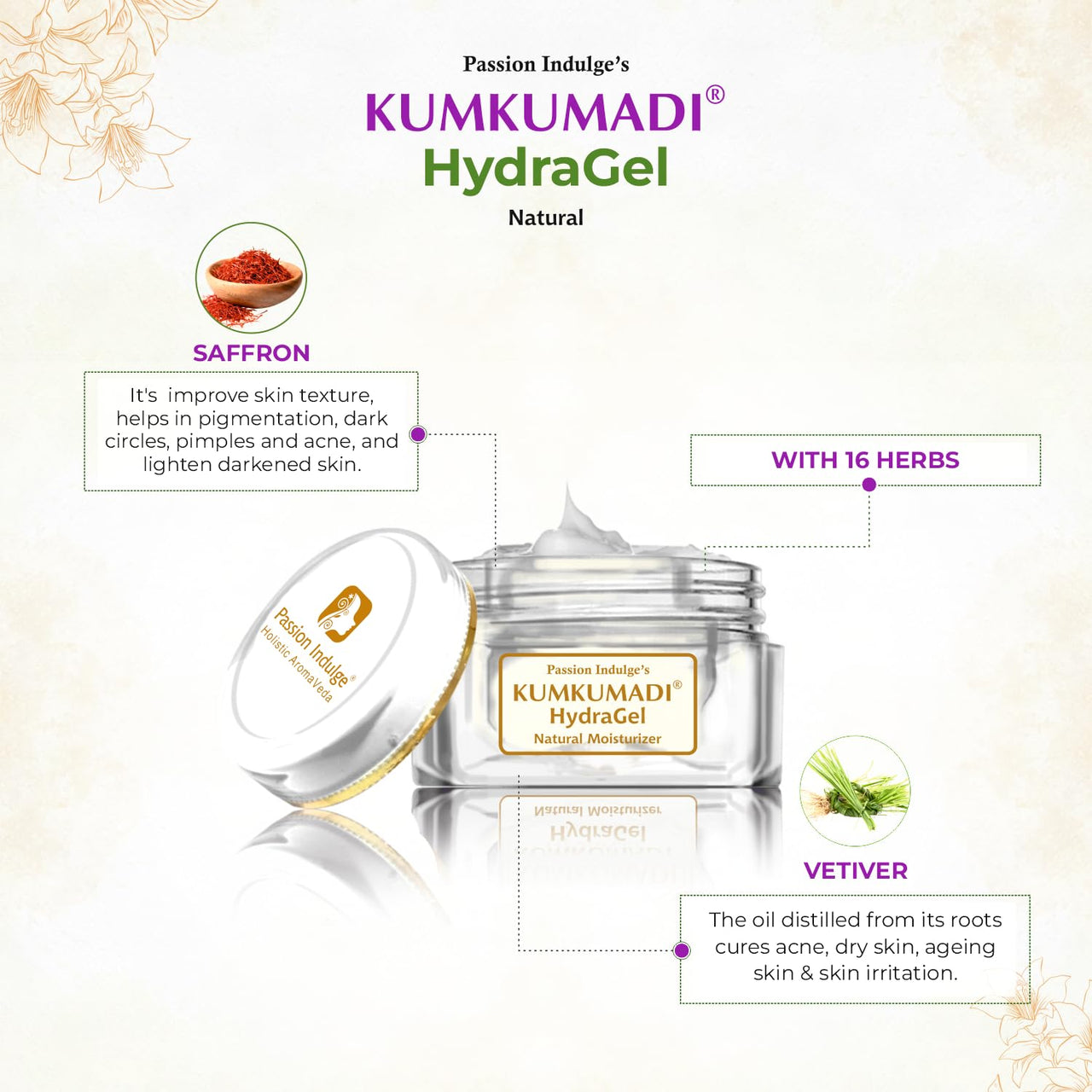 Passion Indulge Kumkumadi Natural HydraGel Moisturizer - 50gm | SPF 15 unisex for Anti-Aging, Glowing, shine and Brightness with Saffron, Vetiver Oil, and 16 Herbs for All Skin Types