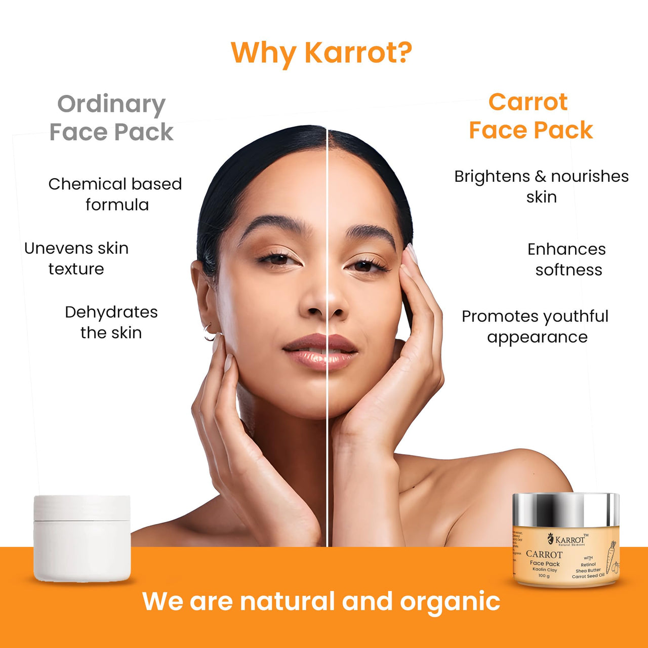 Karrot Natural Skincare Carrot Face Pack for Brightening Skin, Carrot Nourishing Facial Pack, Enhances Complexion and Evens Tone, Contains Retinol, Squalane, Honey and Shea Butter, For Women and Men, All Skin Types, 100 gms