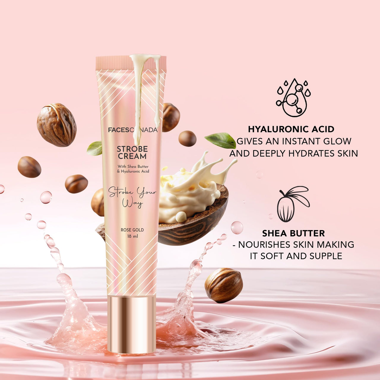 FACES CANADA Eyes & Shine Combo - Strobe Cream - Rose Gold (18 ml) + Magneteyes Kajal - Black (0.35 gm) + Tinted Moisturizer - Light 01 (18 gm) | Illuminating & Glowing Makeup Base | Lightly Tinted BB Cream | Waterproof & Smudgeproof