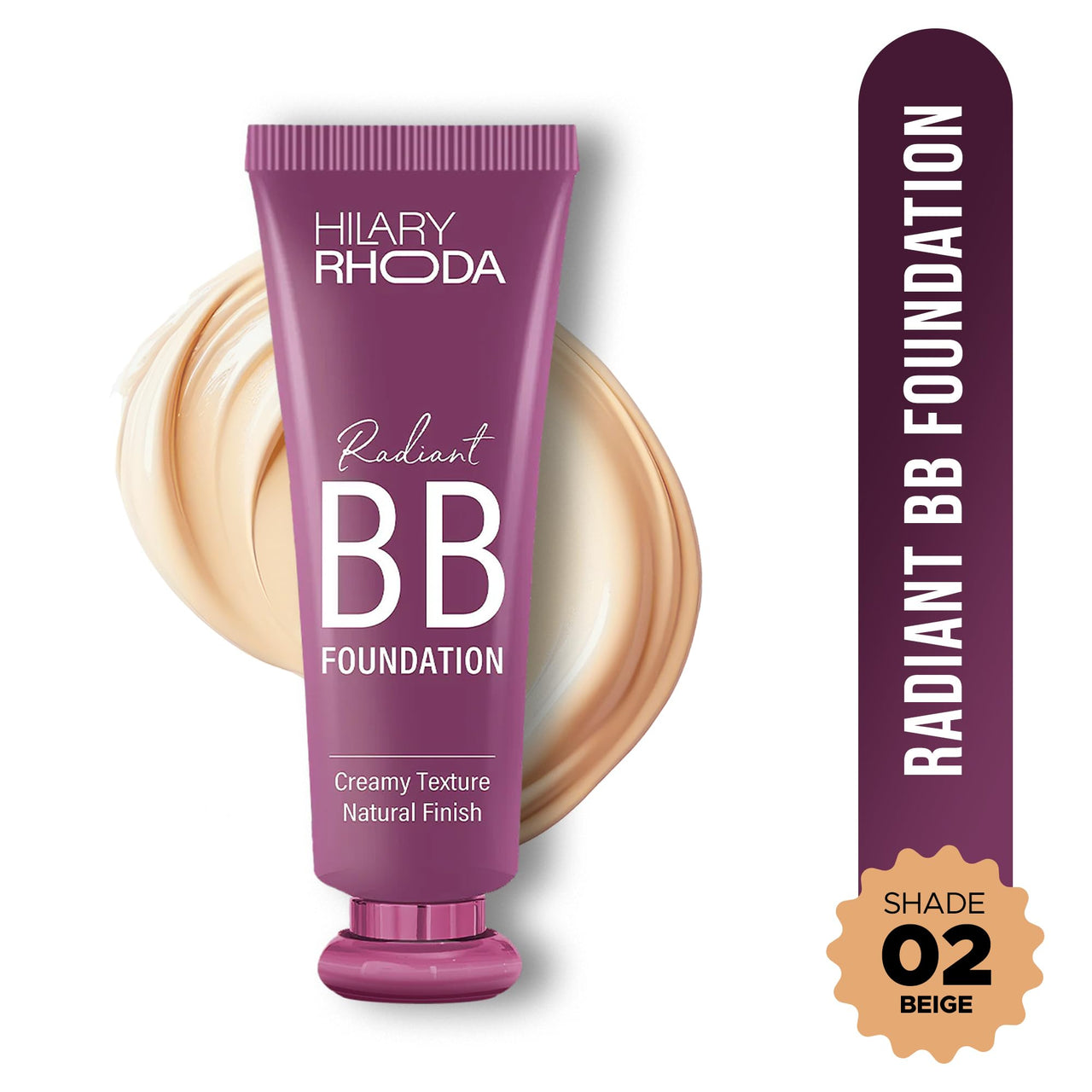 Hilary Rhoda Radiant BB Foundation | Ultra-Creamy & Lightweight Formula | 9 to 5 Stay | Hides Blemishes & Dark Spots | Blends Easily | BB Cream | Dewy Finish | 60g (Beige| Shade 02)