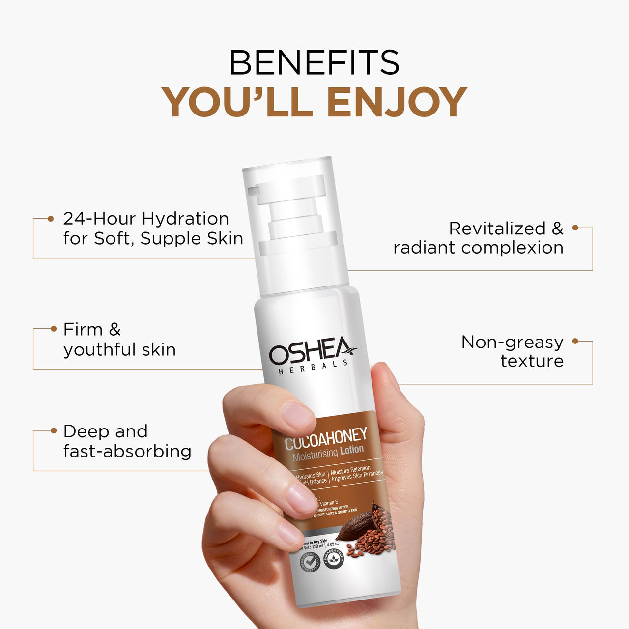 Oshea Herbals CocoaHoney Moisturising Lotion for Normal to Dry Skin Type | Improves Skin Firmness with Moisture Retention & Skin Hydration | Enriched with Cocoa butter & Vitamin E 120 ml