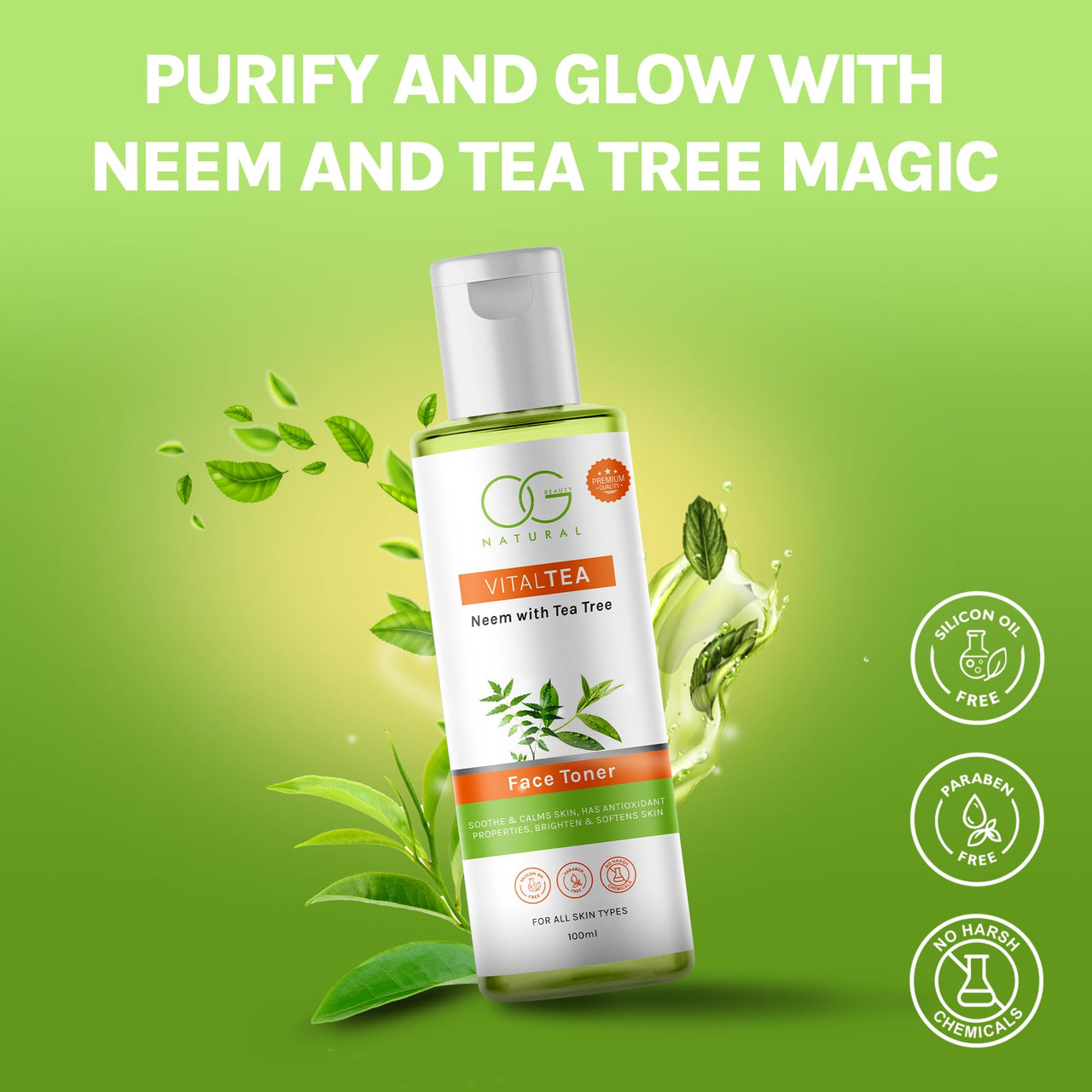 OG BEAUTY Natural VitalTea Neem with Tea Tree Face Toner | Soothing, Calming, Purifying | Antioxidant Properties, PH Balancing, Tightens Pores, Revitalizes & Softens Skin | 100 ML
