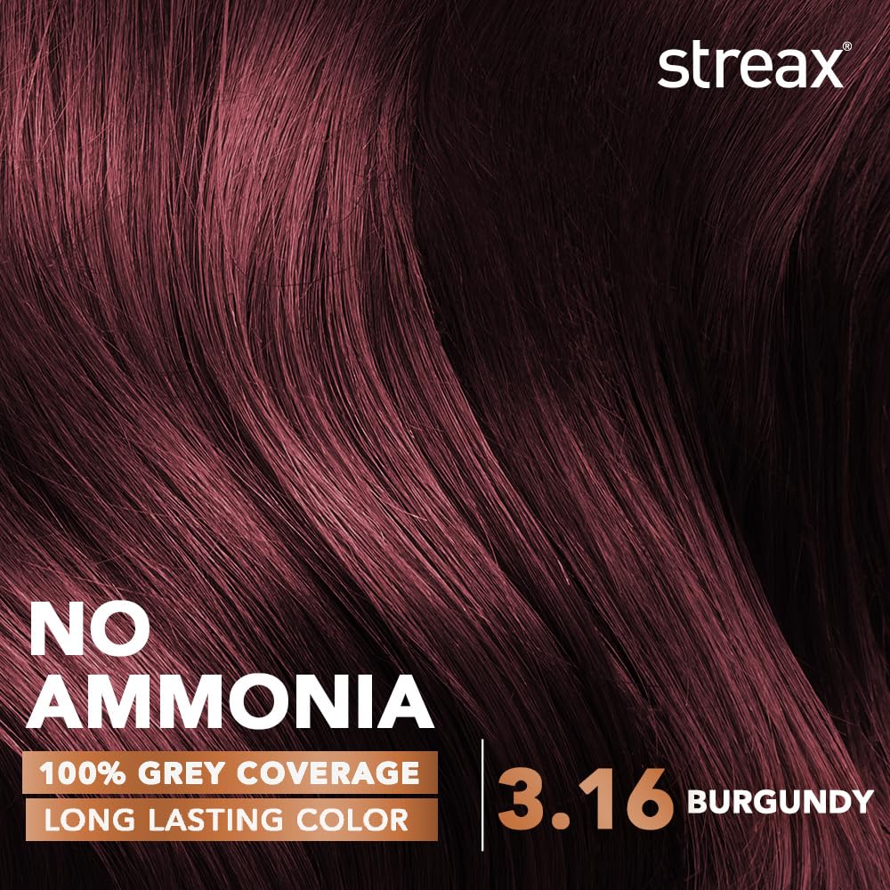 Streax Permanent Hair Colour, 100% Grey coverage, Infused with Argan and Walnut Oil, Long Lasting Cream Hair Colour for Women, Burgundy Hair Colour, 3.16 Burgundy, Colourant Tube 60g, Developer Bottle 60ml, Conditioner 20g