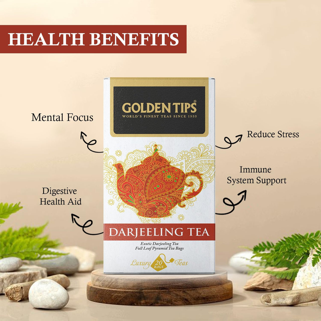 Golden Tips Darjeeling Pyramid Black Tea bag (20 Tea Bags, 40 Grams)
