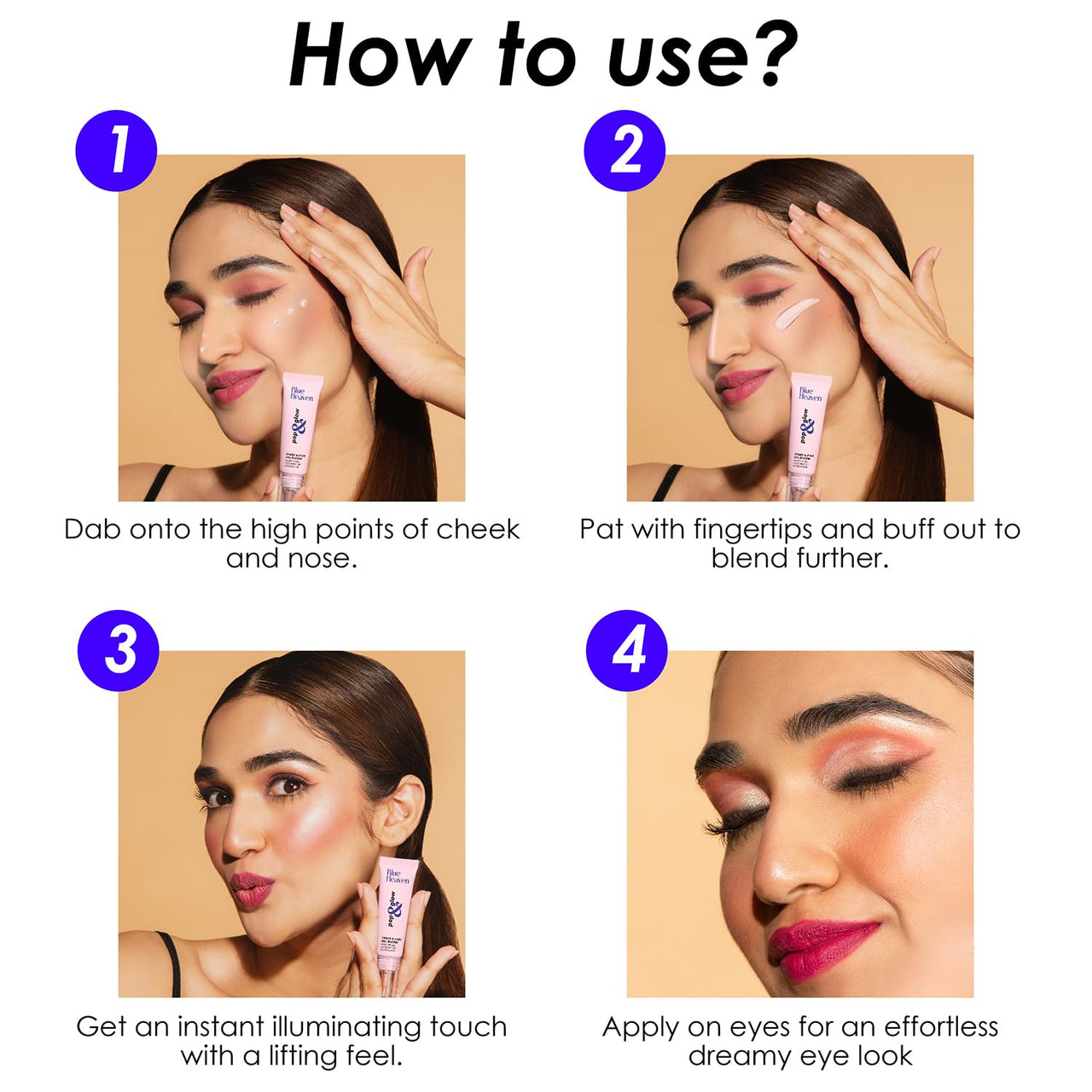 Blue Heaven Pop & Glow Eye & Cheek tint Highlighter for face makeup, Enriched with Rosehip and Coconut oil, Golden Hour, 12ml