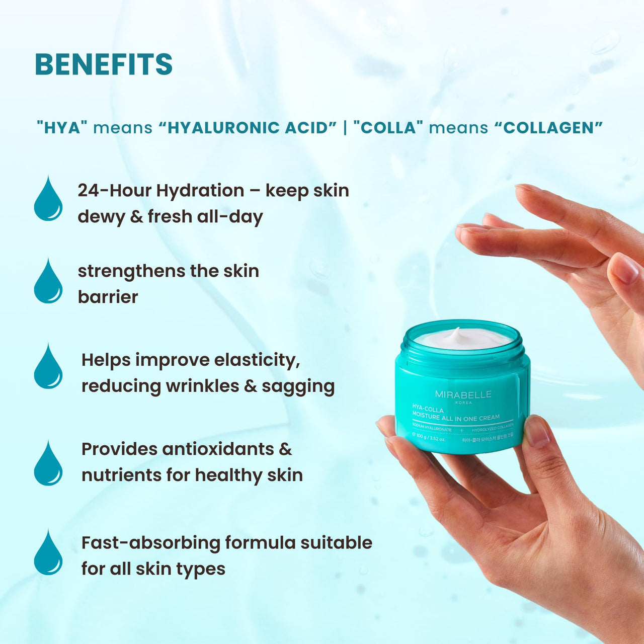 Mirabelle Korea Hyaluronic + Collagen All In One Moisturizing Cream | Deep Hydration + Skin Firming | Non Sticky Water Gel | Suitable for All Skin Types | Korean Skincare Products, 100g