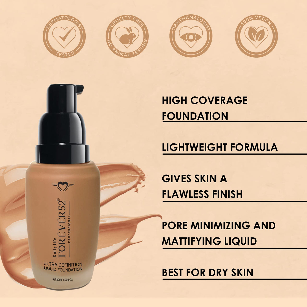 Daily Life Forever52 Ultra Definition Liquid Foundation|24-Hour Wear, Medium to High Coverage, Pore-Minimizing & Mattifying, Anti-Aging, Satin-Like Finish|Ideal for Medium Skin (Caramel,30ml)